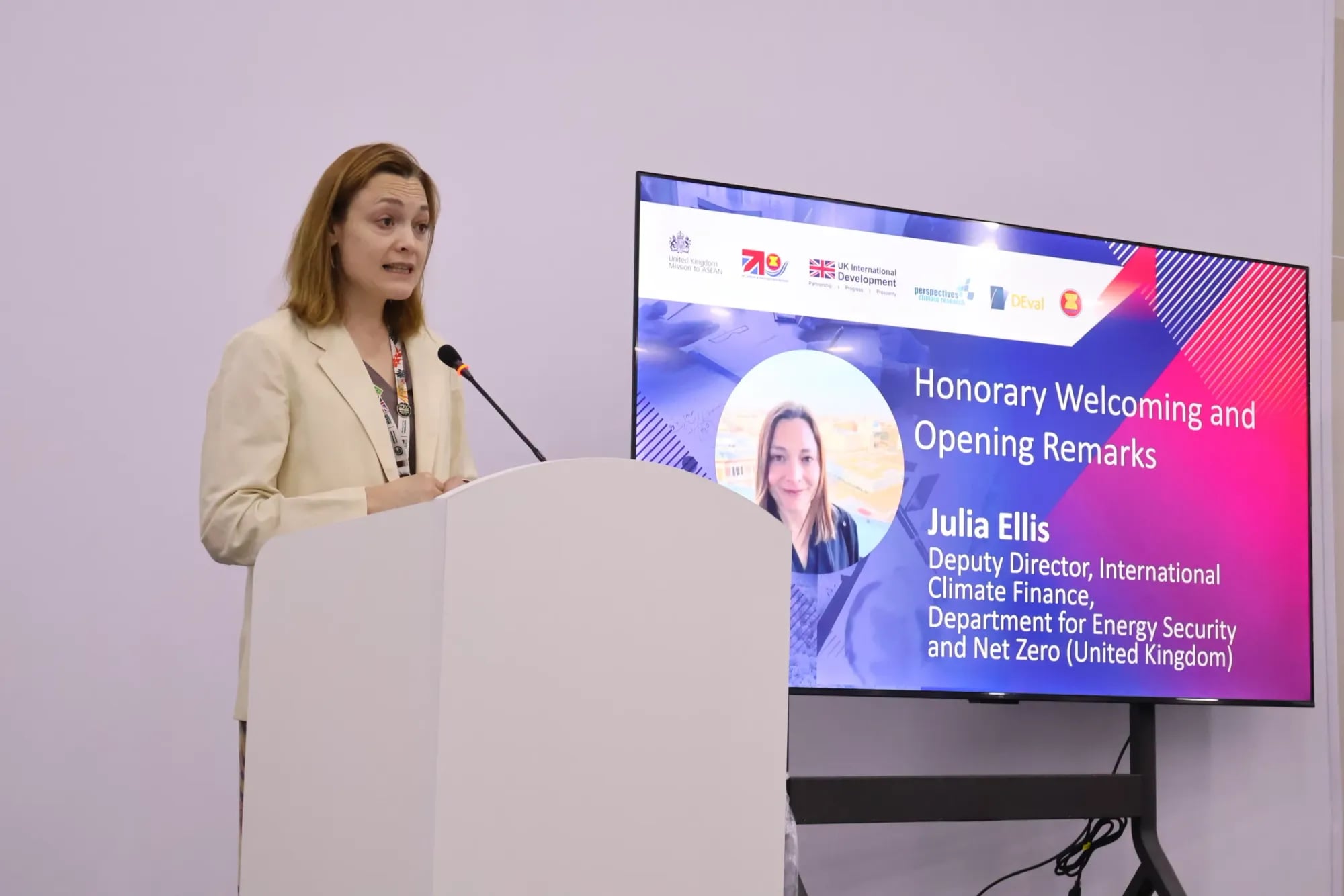 A speaker delivering opening remarks on international climate finance at a policy event, the session title shown on a screen beside her
