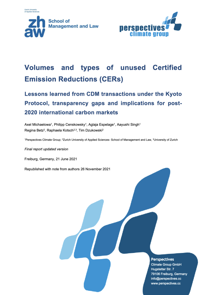 Volumes and types of unused Certified Emission Reductions (CERs)
